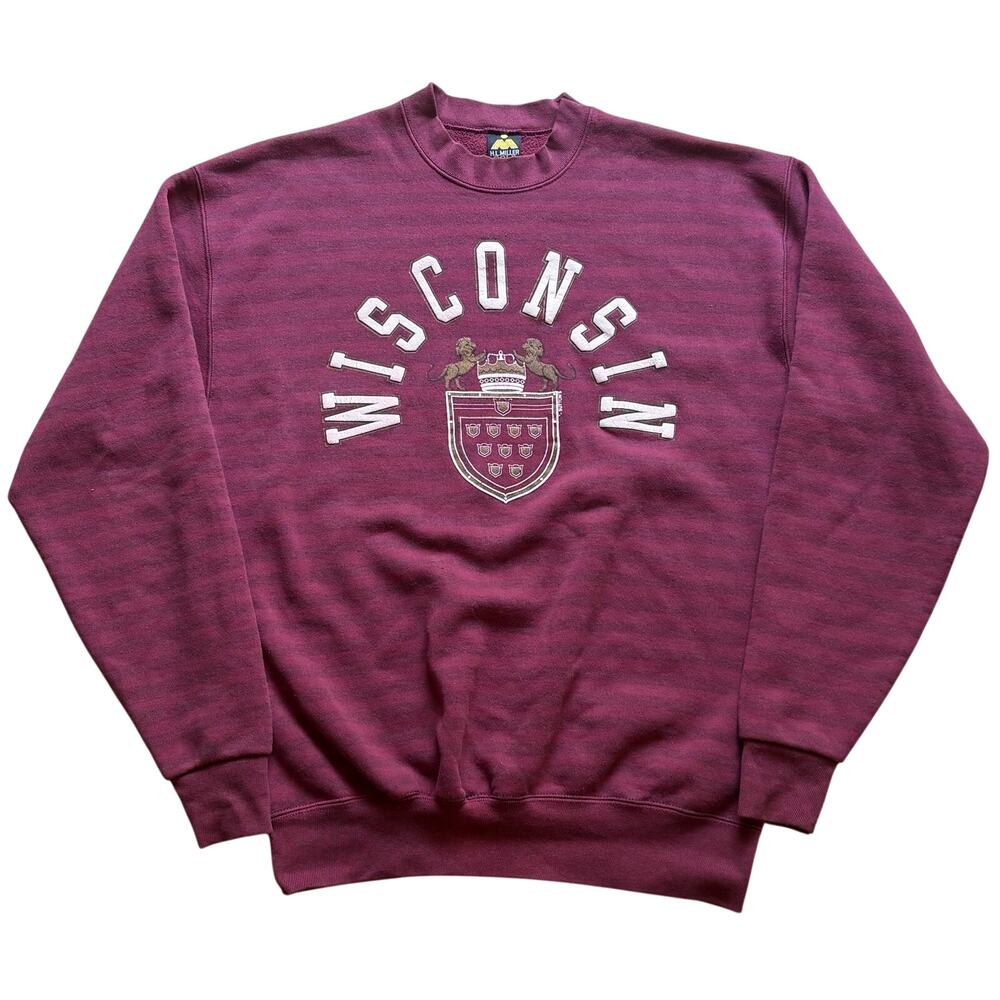 Wisconsin Lion Sheild Crest Vintage Crewneck Sweatshirt Maroon Stripe XL USA